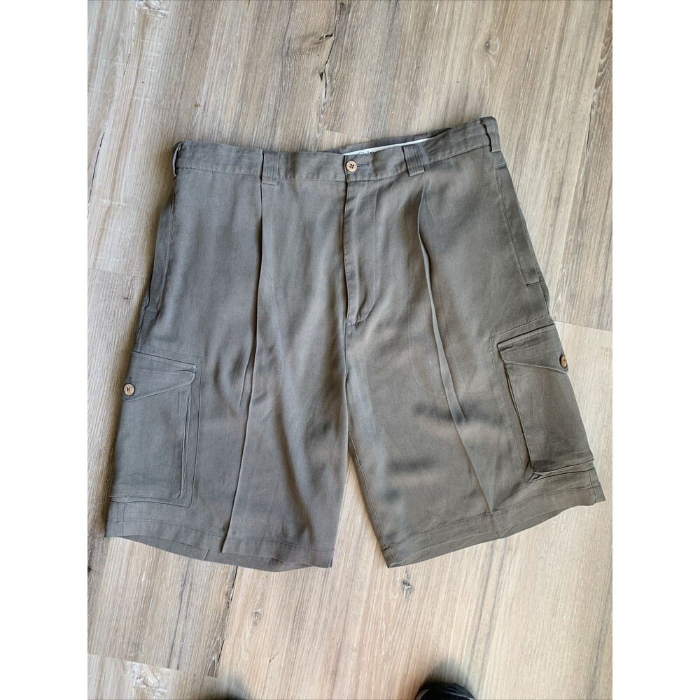 WfF 100% Silk Khaki Men’s Golf Resort Pleated Cargo pocket Shorts Size 36
